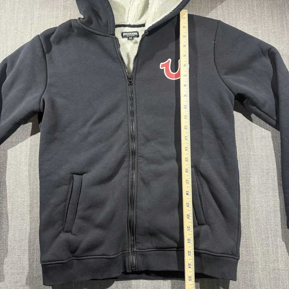True Religion Hoodie Mens XL Black Sherpa Lined Full Zip Logo Sweatshirt